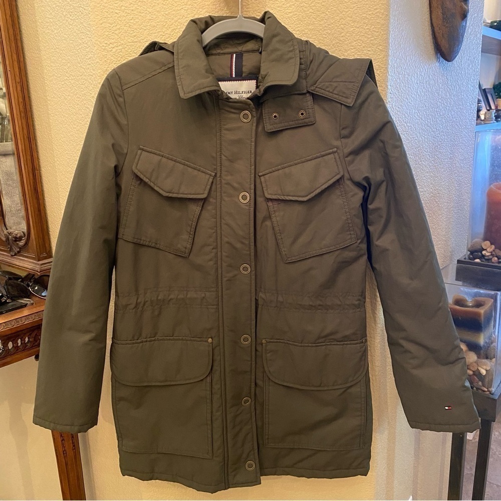 TOMMY HILFIGER Women Olive Army Utility Hoodie Jacket Size XS